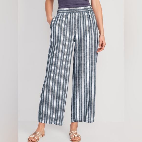 NWT Old Navy High Waisted Striped Wide Leg Linen Cotton Pants - Size XL - Picture 1 of 9